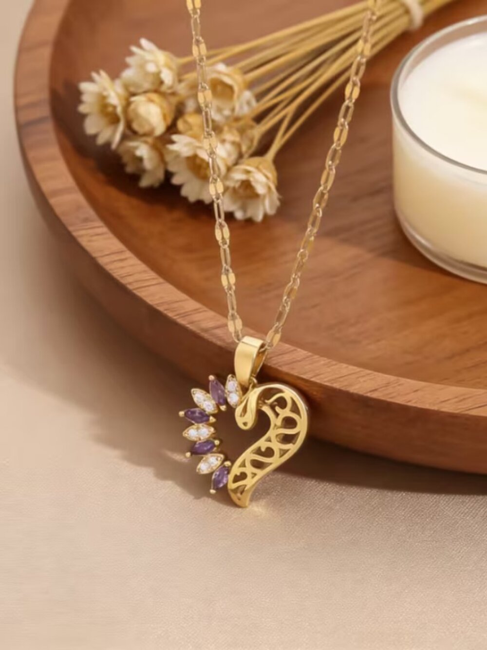 18K Gold Womens 1ct Diamond & Purple Amethyst Gemstone Heart Necklace Jewelry